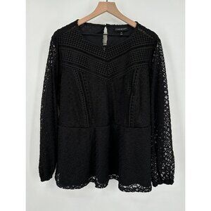 Lane Bryant Peplum Blouse Women 20 Black Balloon Long Sleeve Mesh Embroidered